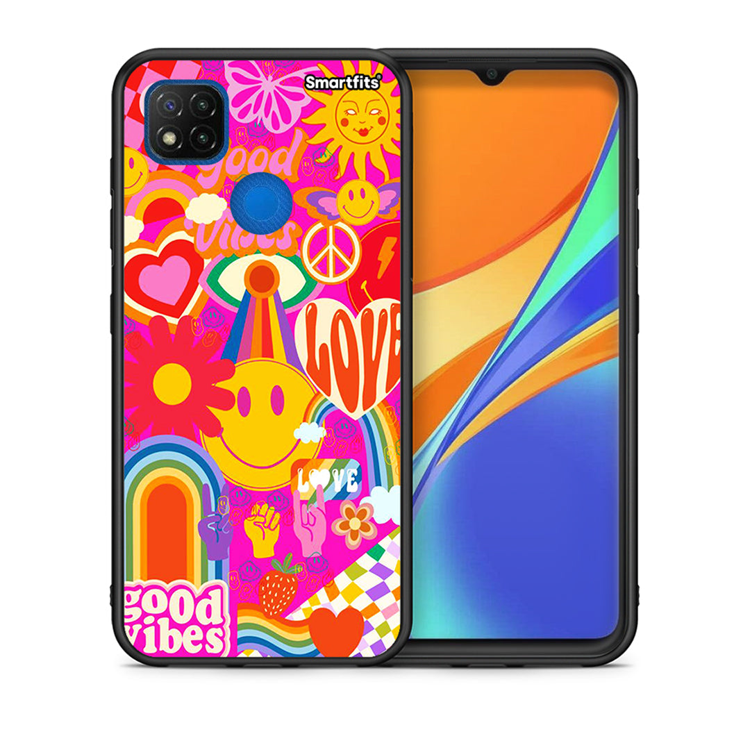 Θήκη Xiaomi Redmi 9C Hippie Love από τη Smartfits με σχέδιο στο πίσω μέρος και μαύρο περίβλημα | Xiaomi Redmi 9C Hippie Love case with colorful back and black bezels