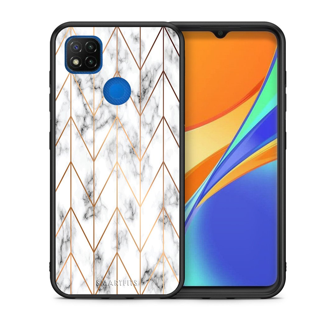 Θήκη Xiaomi Redmi 9C Gold Geometric Marble από τη Smartfits με σχέδιο στο πίσω μέρος και μαύρο περίβλημα | Xiaomi Redmi 9C Gold Geometric Marble case with colorful back and black bezels