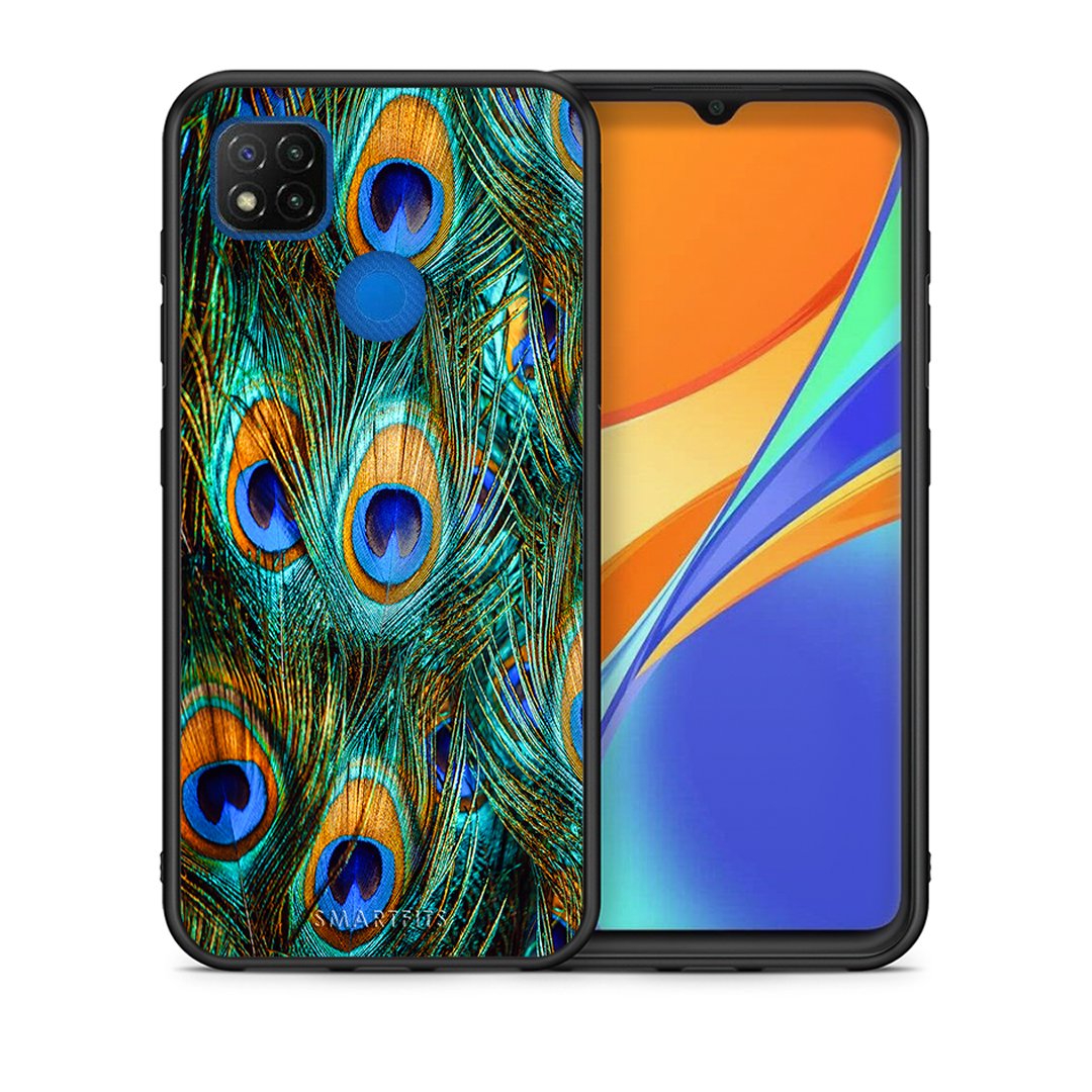 Θήκη Xiaomi Redmi 9C Real Peacock Feathers από τη Smartfits με σχέδιο στο πίσω μέρος και μαύρο περίβλημα | Xiaomi Redmi 9C Real Peacock Feathers case with colorful back and black bezels