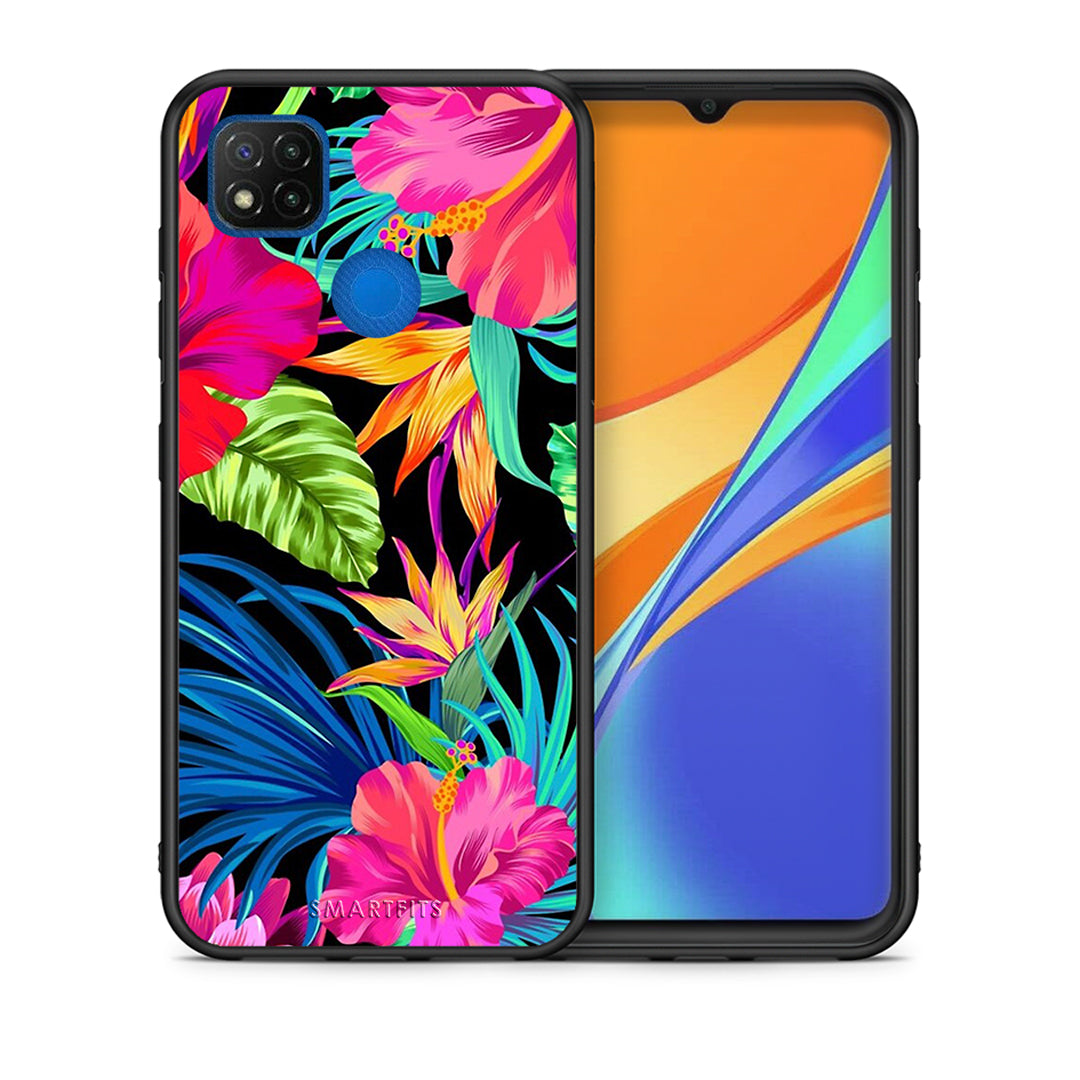 Θήκη Xiaomi Redmi 9C Tropical Flowers από τη Smartfits με σχέδιο στο πίσω μέρος και μαύρο περίβλημα | Xiaomi Redmi 9C Tropical Flowers case with colorful back and black bezels