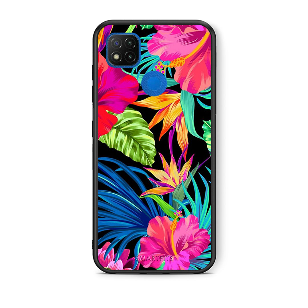 Θήκη Xiaomi Redmi 9C Tropical Flowers από τη Smartfits με σχέδιο στο πίσω μέρος και μαύρο περίβλημα | Xiaomi Redmi 9C Tropical Flowers case with colorful back and black bezels