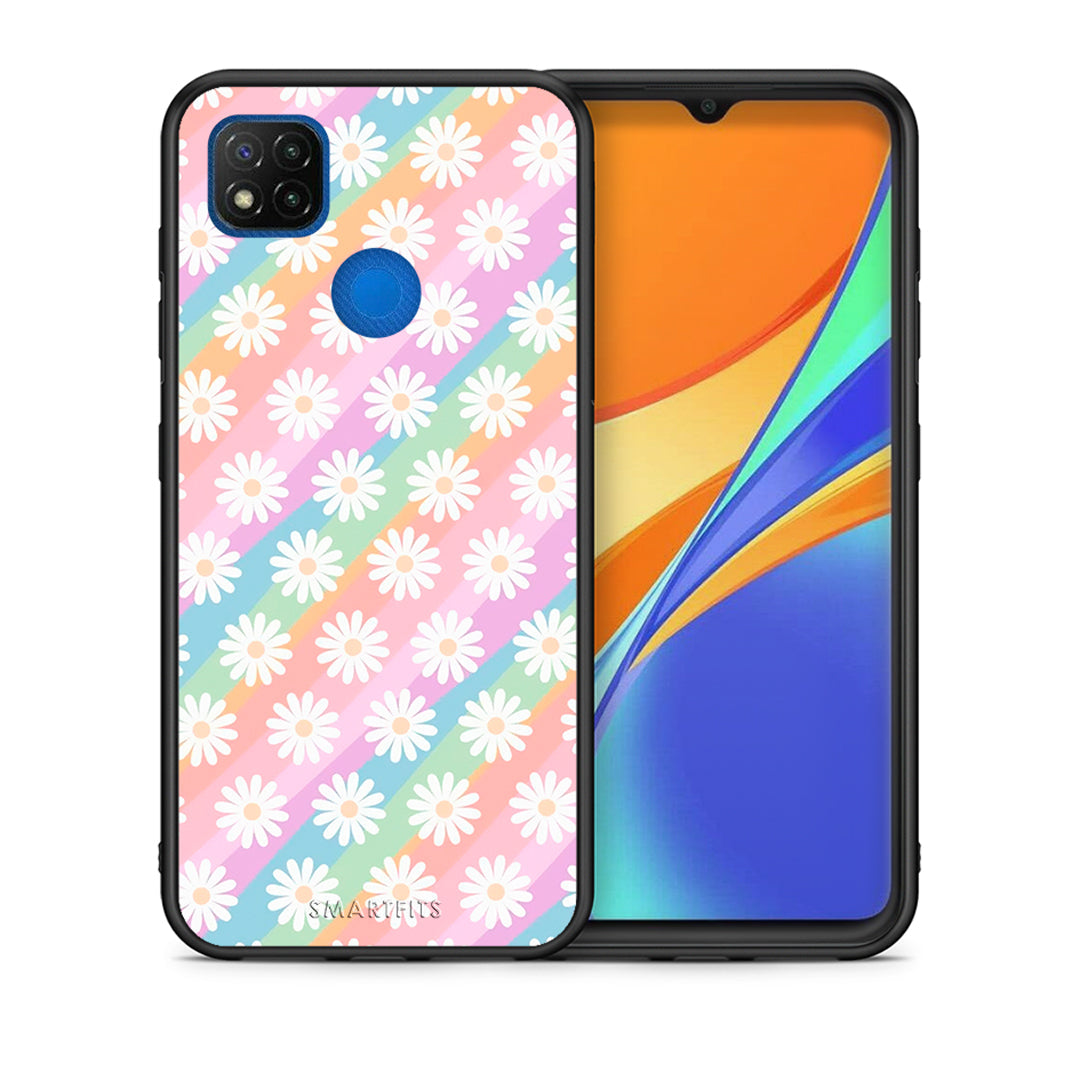 Θήκη Xiaomi Redmi 9C White Daisies από τη Smartfits με σχέδιο στο πίσω μέρος και μαύρο περίβλημα | Xiaomi Redmi 9C White Daisies case with colorful back and black bezels