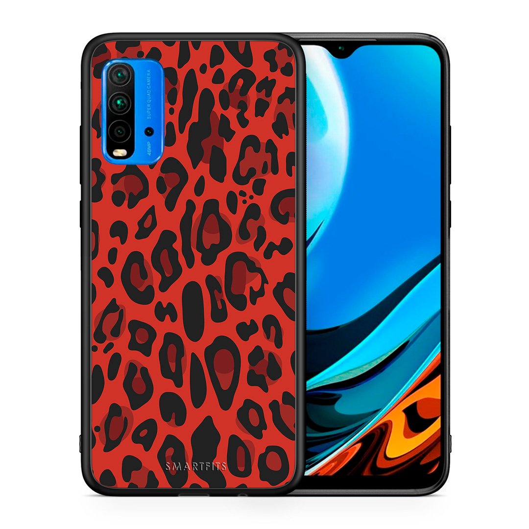 Θήκη Xiaomi Poco M3 Red Leopard Animal από τη Smartfits με σχέδιο στο πίσω μέρος και μαύρο περίβλημα | Xiaomi Poco M3 Red Leopard Animal case with colorful back and black bezels