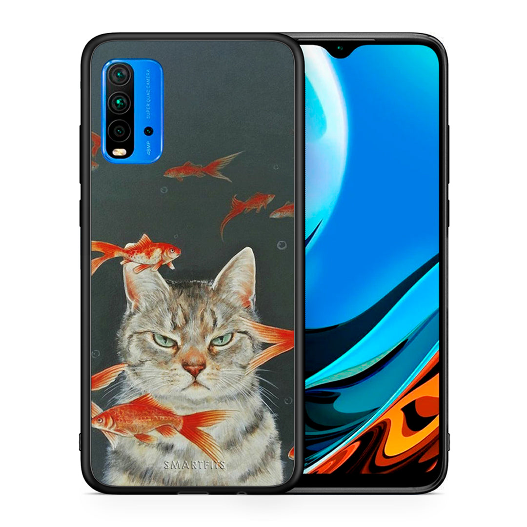 Θήκη Xiaomi Redmi 9T Cat Goldfish από τη Smartfits με σχέδιο στο πίσω μέρος και μαύρο περίβλημα | Xiaomi Redmi 9T Cat Goldfish case with colorful back and black bezels