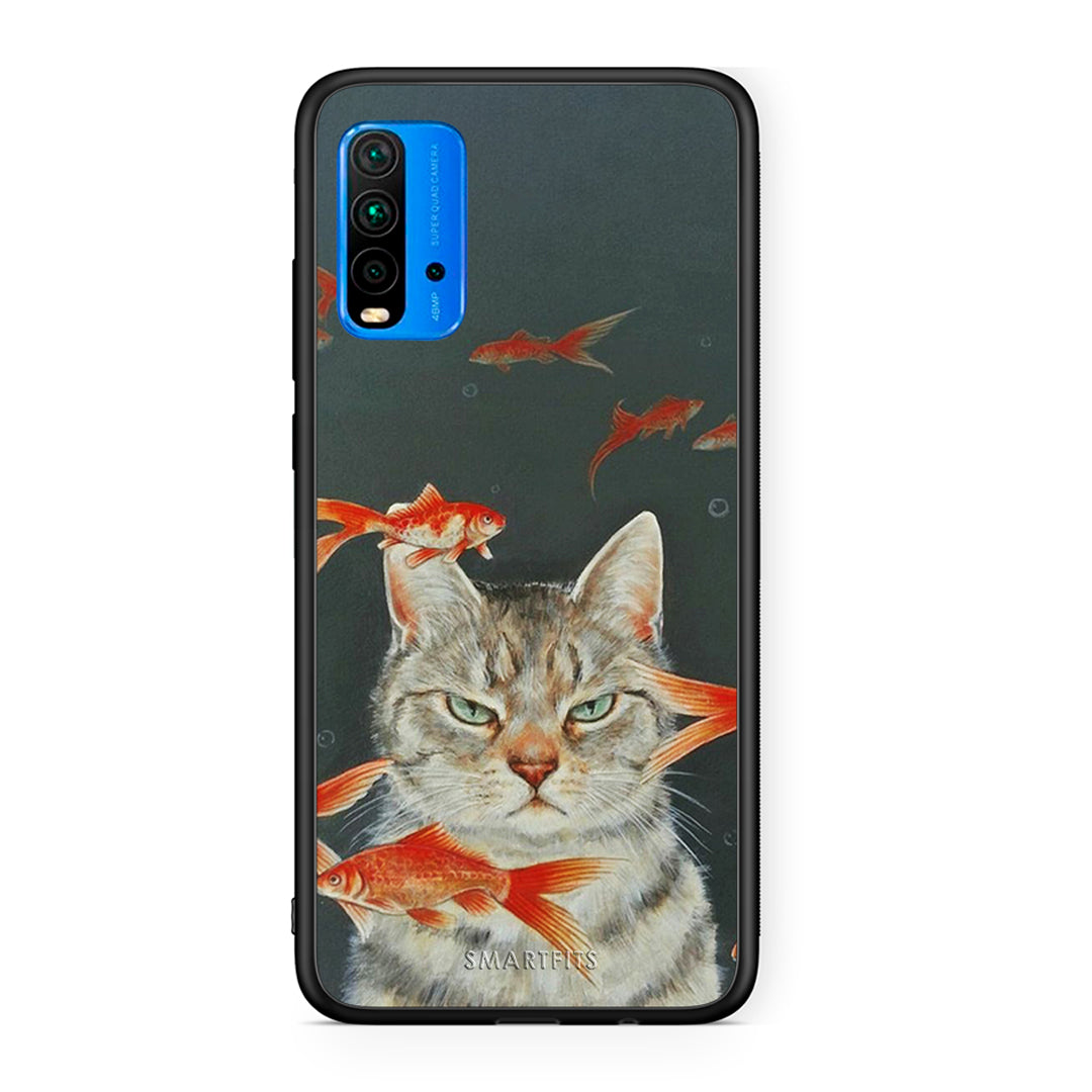 Xiaomi Redmi 9T Cat Goldfish θήκη από τη Smartfits με σχέδιο στο πίσω μέρος και μαύρο περίβλημα | Smartphone case with colorful back and black bezels by Smartfits