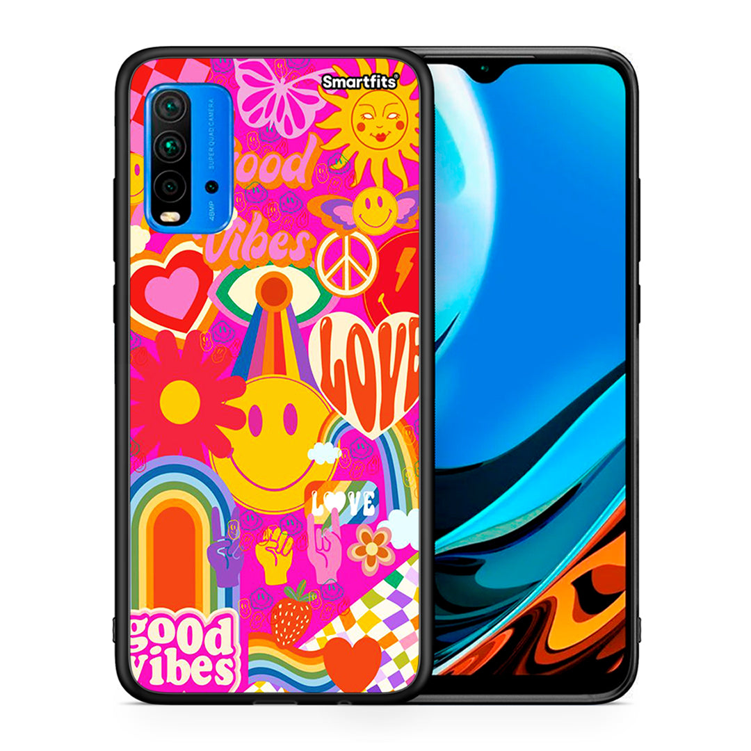 Θήκη Xiaomi Redmi 9T Hippie Love από τη Smartfits με σχέδιο στο πίσω μέρος και μαύρο περίβλημα | Xiaomi Redmi 9T Hippie Love case with colorful back and black bezels