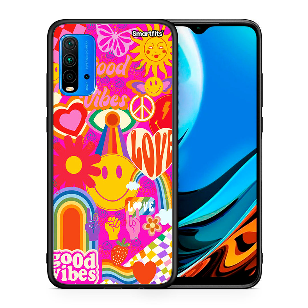 Θήκη Xiaomi Poco M3 Hippie Love από τη Smartfits με σχέδιο στο πίσω μέρος και μαύρο περίβλημα | Xiaomi Poco M3 Hippie Love case with colorful back and black bezels