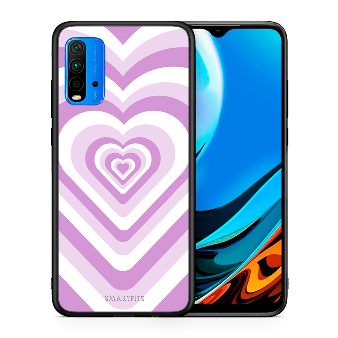 Θήκη Xiaomi Redmi 9T Lilac Hearts από τη Smartfits με σχέδιο στο πίσω μέρος και μαύρο περίβλημα | Xiaomi Redmi 9T Lilac Hearts case with colorful back and black bezels