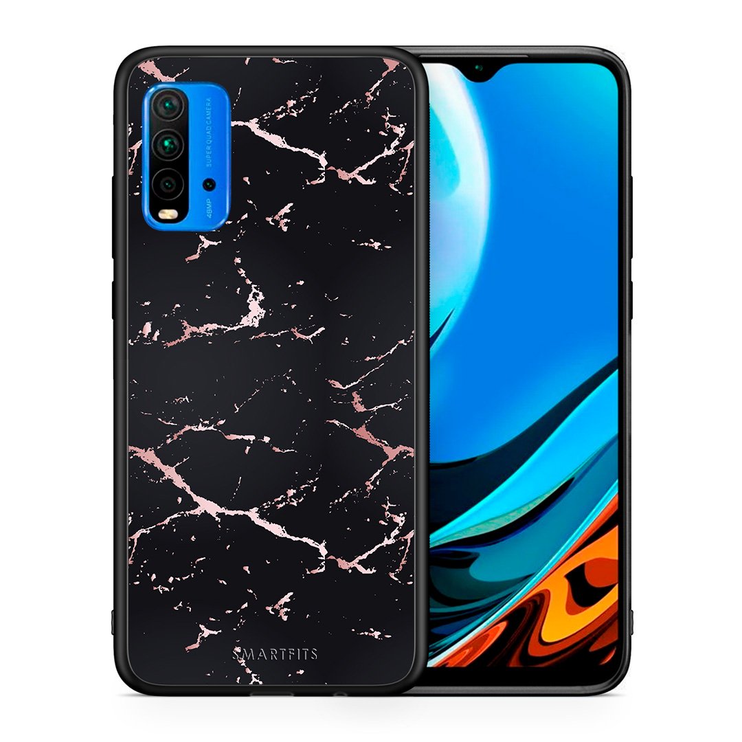 Θήκη Xiaomi Poco M3 Black Rosegold Marble από τη Smartfits με σχέδιο στο πίσω μέρος και μαύρο περίβλημα | Xiaomi Poco M3 Black Rosegold Marble case with colorful back and black bezels