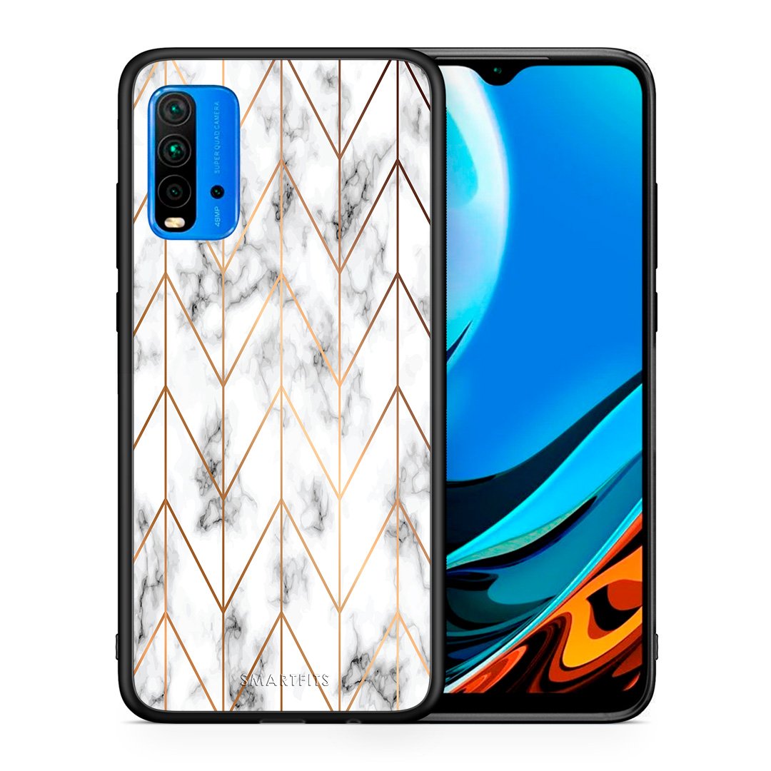 Θήκη Xiaomi Redmi 9T Gold Geometric Marble από τη Smartfits με σχέδιο στο πίσω μέρος και μαύρο περίβλημα | Xiaomi Redmi 9T Gold Geometric Marble case with colorful back and black bezels