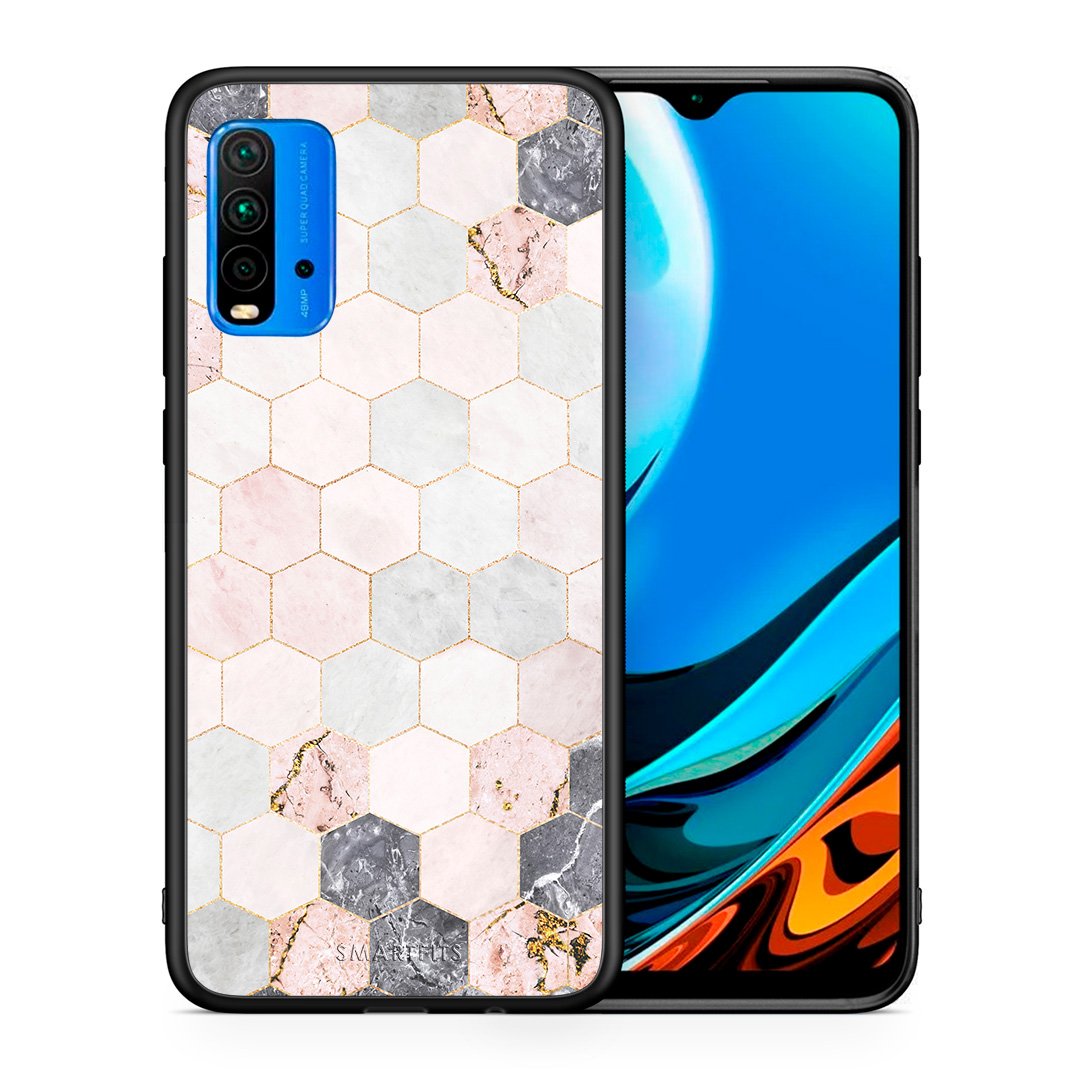 Θήκη Xiaomi Poco M3 Hexagon Pink Marble από τη Smartfits με σχέδιο στο πίσω μέρος και μαύρο περίβλημα | Xiaomi Poco M3 Hexagon Pink Marble case with colorful back and black bezels