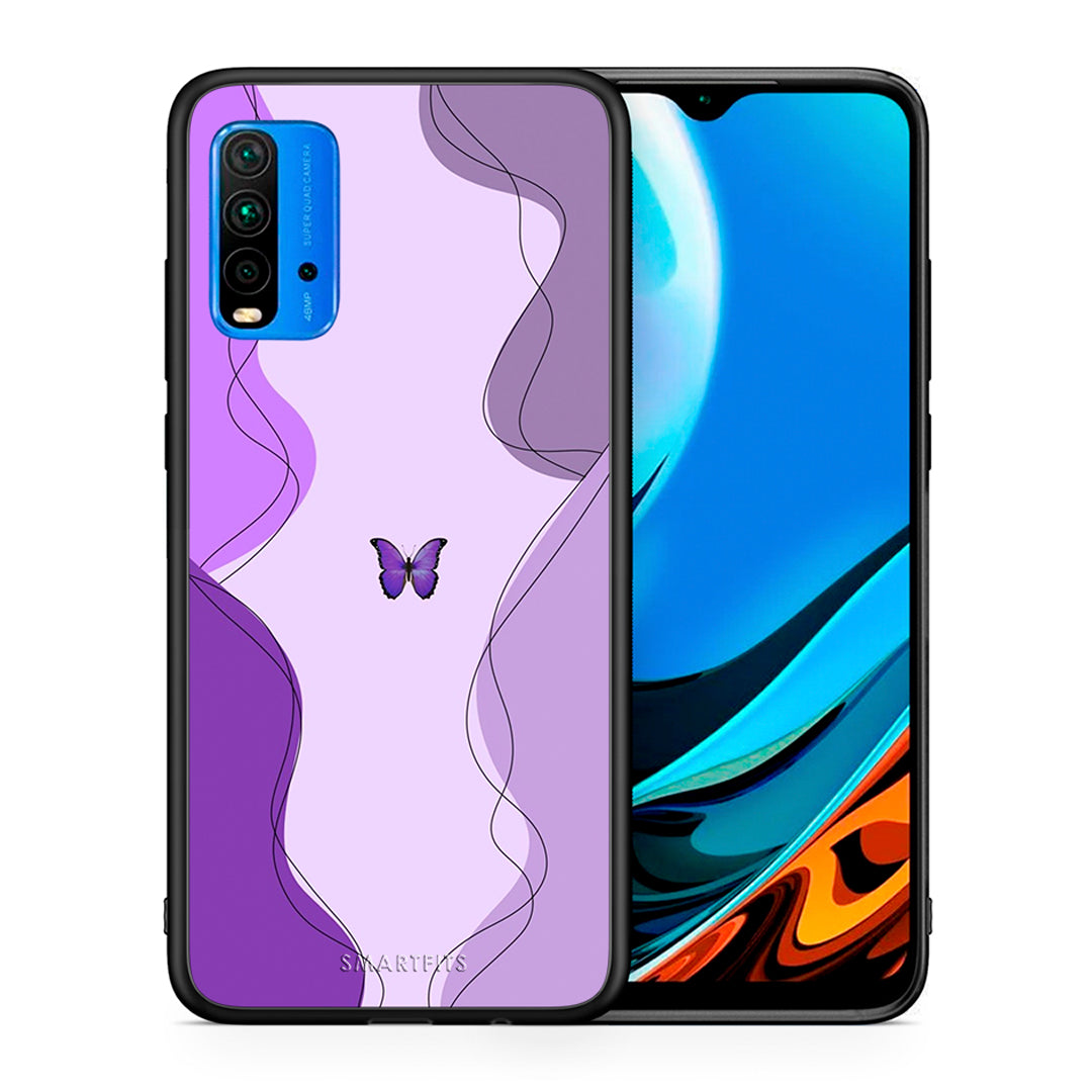 Θήκη Αγίου Βαλεντίνου Xiaomi Redmi 9T Purple Mariposa από τη Smartfits με σχέδιο στο πίσω μέρος και μαύρο περίβλημα | Xiaomi Redmi 9T Purple Mariposa case with colorful back and black bezels