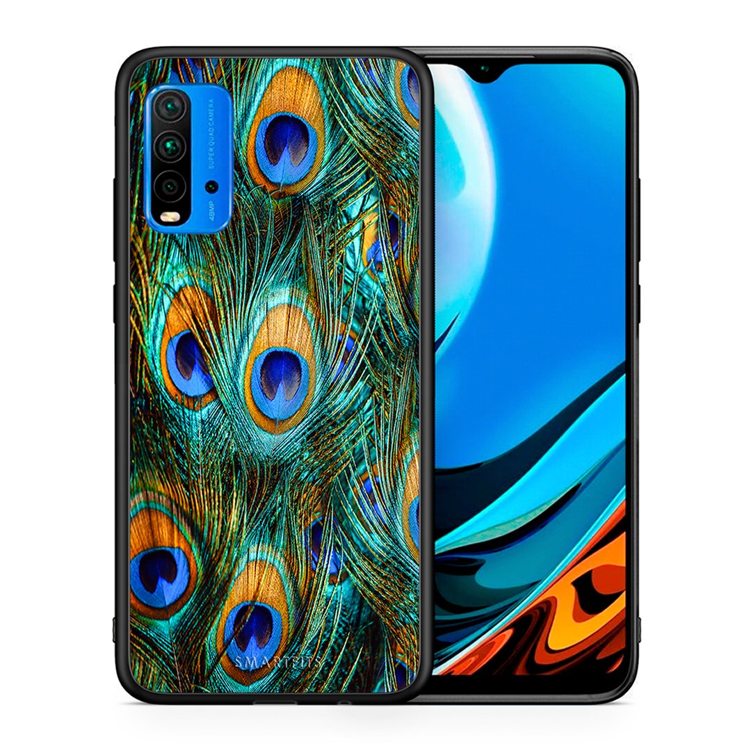 Θήκη Xiaomi Poco M3 Real Peacock Feathers από τη Smartfits με σχέδιο στο πίσω μέρος και μαύρο περίβλημα | Xiaomi Poco M3 Real Peacock Feathers case with colorful back and black bezels