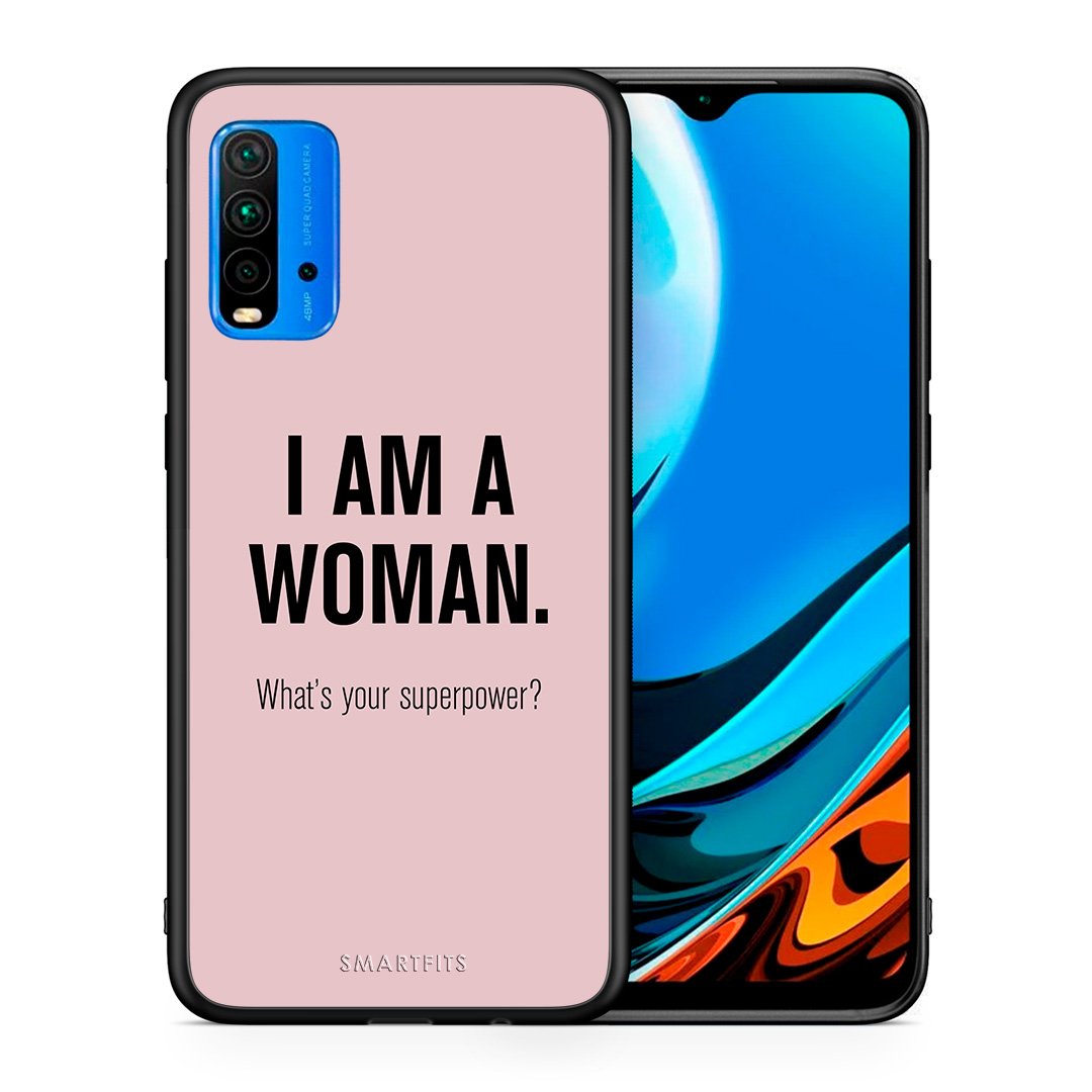 Θήκη Xiaomi Redmi 9T Superpower Woman από τη Smartfits με σχέδιο στο πίσω μέρος και μαύρο περίβλημα | Xiaomi Redmi 9T Superpower Woman case with colorful back and black bezels
