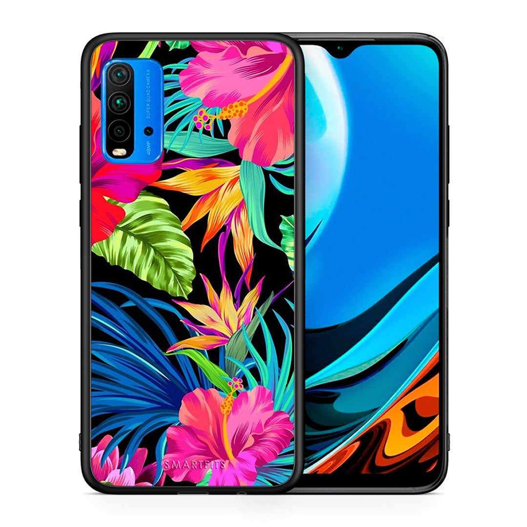 Θήκη Xiaomi Poco M3 Tropical Flowers από τη Smartfits με σχέδιο στο πίσω μέρος και μαύρο περίβλημα | Xiaomi Poco M3 Tropical Flowers case with colorful back and black bezels