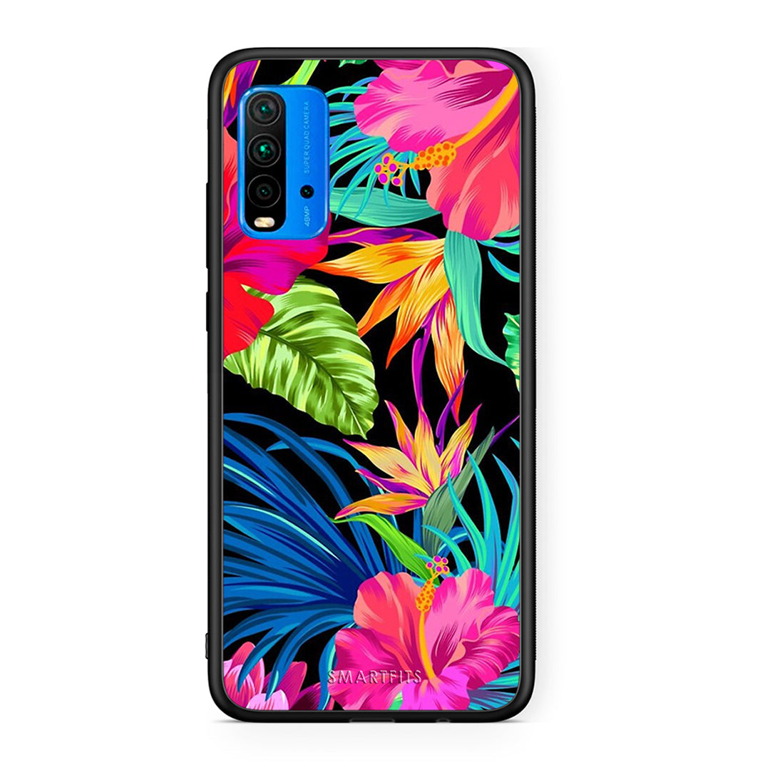 Xiaomi Poco M3 Tropical Flowers θήκη από τη Smartfits με σχέδιο στο πίσω μέρος και μαύρο περίβλημα | Smartphone case with colorful back and black bezels by Smartfits