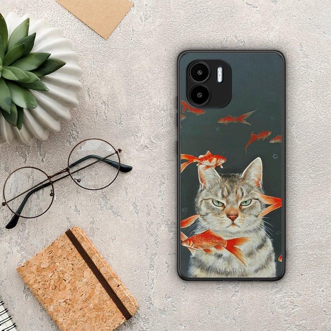 Θήκη Xiaomi Redmi A1 / A2 Cat Goldfish από τη Smartfits με σχέδιο στο πίσω μέρος και μαύρο περίβλημα | Xiaomi Redmi A1 / A2 Cat Goldfish Case with Colorful Back and Black Bezels