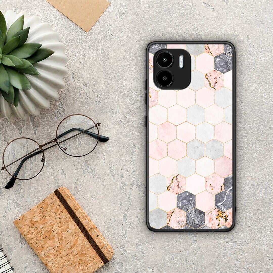 Θήκη Xiaomi Redmi A1 / A2 Marble Hexagon Pink από τη Smartfits με σχέδιο στο πίσω μέρος και μαύρο περίβλημα | Xiaomi Redmi A1 / A2 Marble Hexagon Pink Case with Colorful Back and Black Bezels