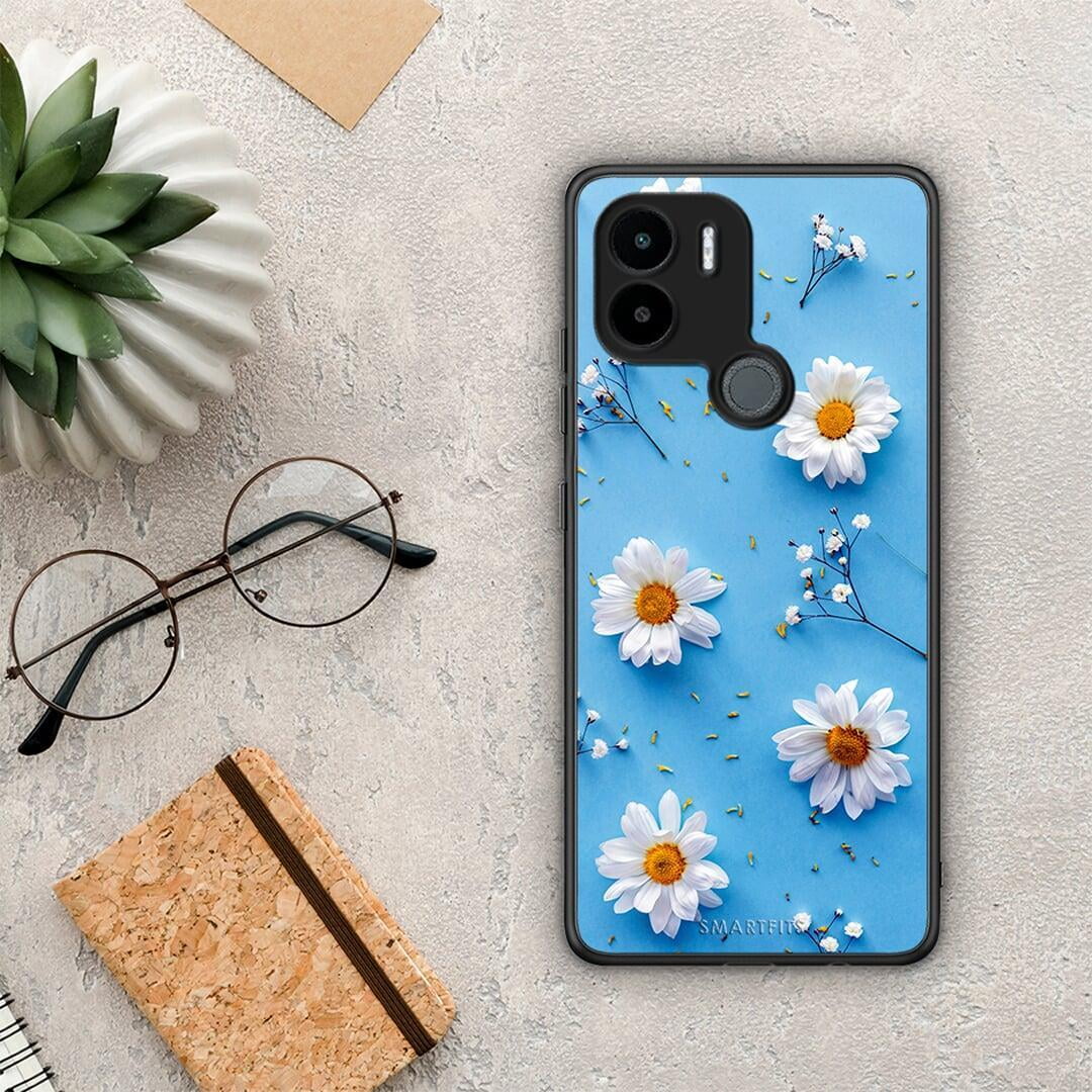 Θήκη Xiaomi Redmi A1+ / A2+ Real Daisies από τη Smartfits με σχέδιο στο πίσω μέρος και μαύρο περίβλημα | Xiaomi Redmi A1+ / A2+ Real Daisies Case with Colorful Back and Black Bezels