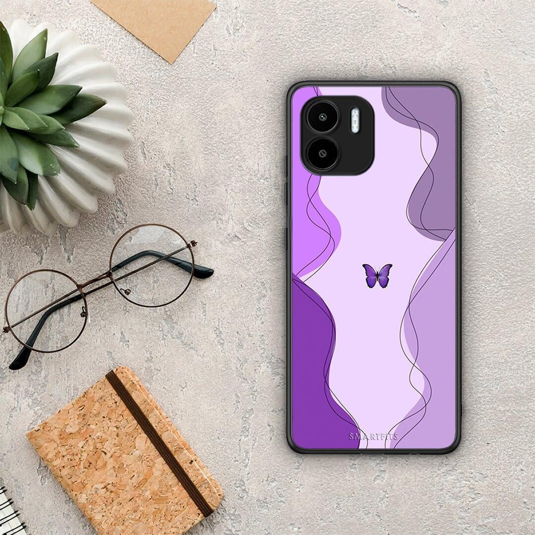 Θήκη Xiaomi Redmi A1 / A2 Purple Mariposa από τη Smartfits με σχέδιο στο πίσω μέρος και μαύρο περίβλημα | Xiaomi Redmi A1 / A2 Purple Mariposa Case with Colorful Back and Black Bezels