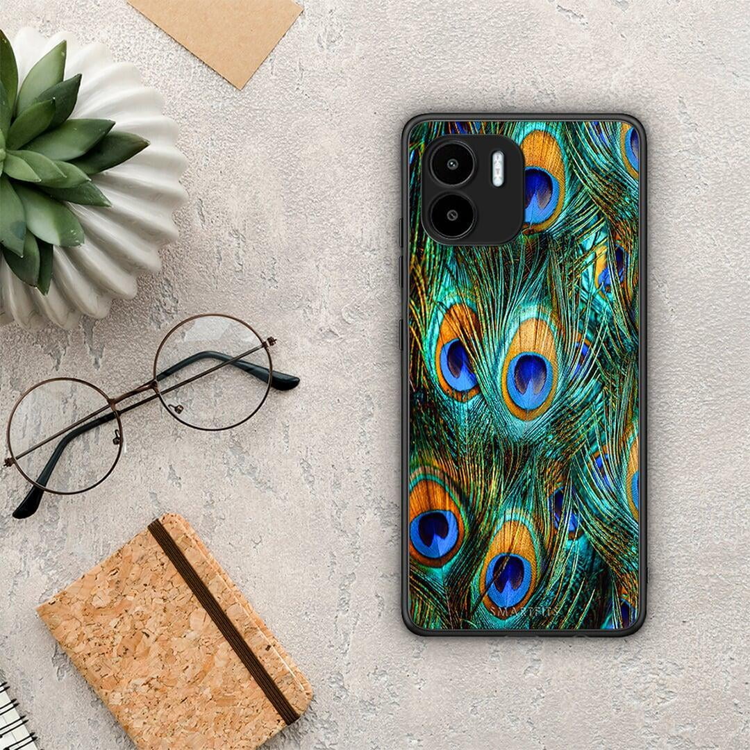 Θήκη Xiaomi Redmi A1 / A2 Real Peacock Feathers από τη Smartfits με σχέδιο στο πίσω μέρος και μαύρο περίβλημα | Xiaomi Redmi A1 / A2 Real Peacock Feathers Case with Colorful Back and Black Bezels