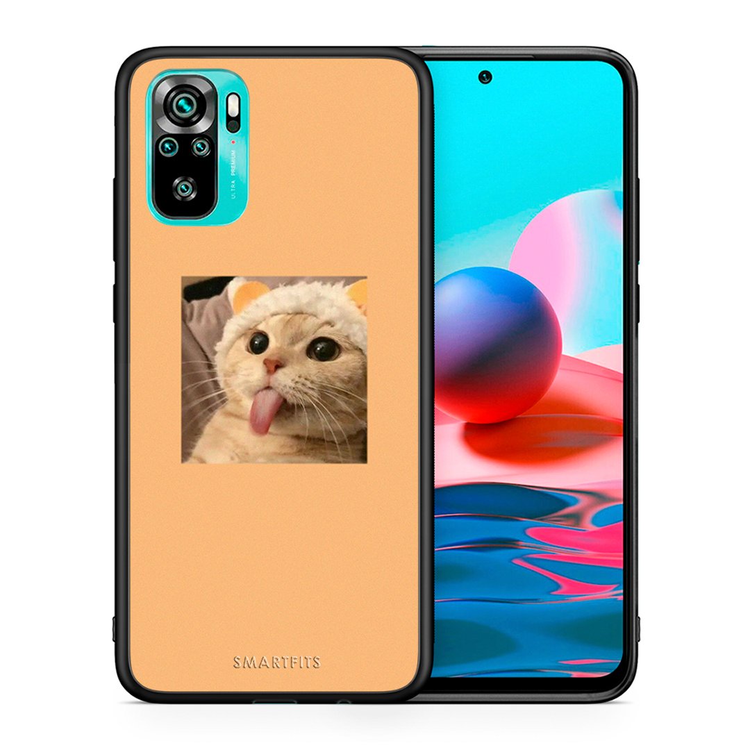 Θήκη Xiaomi Redmi Note 10 Cat Tongue από τη Smartfits με σχέδιο στο πίσω μέρος και μαύρο περίβλημα | Xiaomi Redmi Note 10 Cat Tongue case with colorful back and black bezels