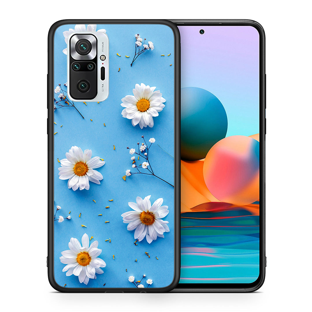 Θήκη Xiaomi Redmi Note 10 Pro Real Daisies από τη Smartfits με σχέδιο στο πίσω μέρος και μαύρο περίβλημα | Xiaomi Redmi Note 10 Pro Real Daisies case with colorful back and black bezels