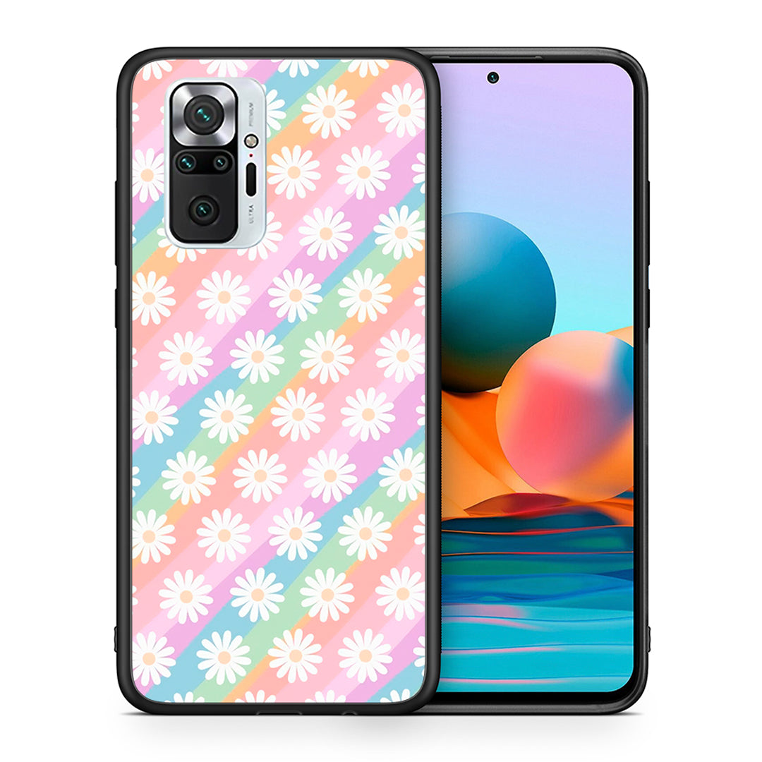 Θήκη Xiaomi Redmi Note 10 Pro White Daisies από τη Smartfits με σχέδιο στο πίσω μέρος και μαύρο περίβλημα | Xiaomi Redmi Note 10 Pro White Daisies case with colorful back and black bezels