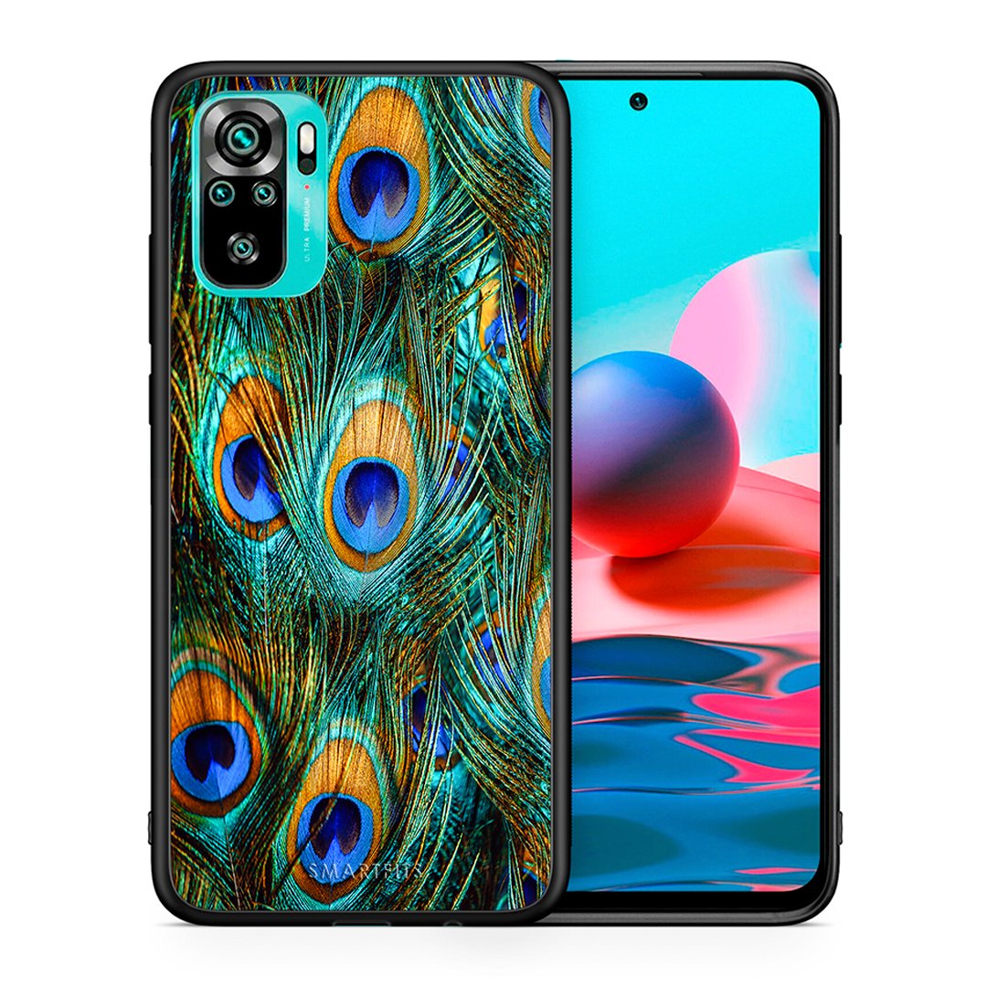 Θήκη Xiaomi Redmi Note 10 Real Peacock Feathers από τη Smartfits με σχέδιο στο πίσω μέρος και μαύρο περίβλημα | Xiaomi Redmi Note 10 Real Peacock Feathers case with colorful back and black bezels