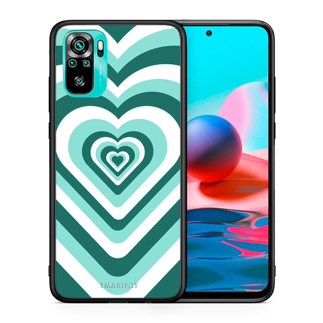 Θήκη Xiaomi Redmi Note 10 Green Hearts από τη Smartfits με σχέδιο στο πίσω μέρος και μαύρο περίβλημα | Xiaomi Redmi Note 10 Green Hearts case with colorful back and black bezels