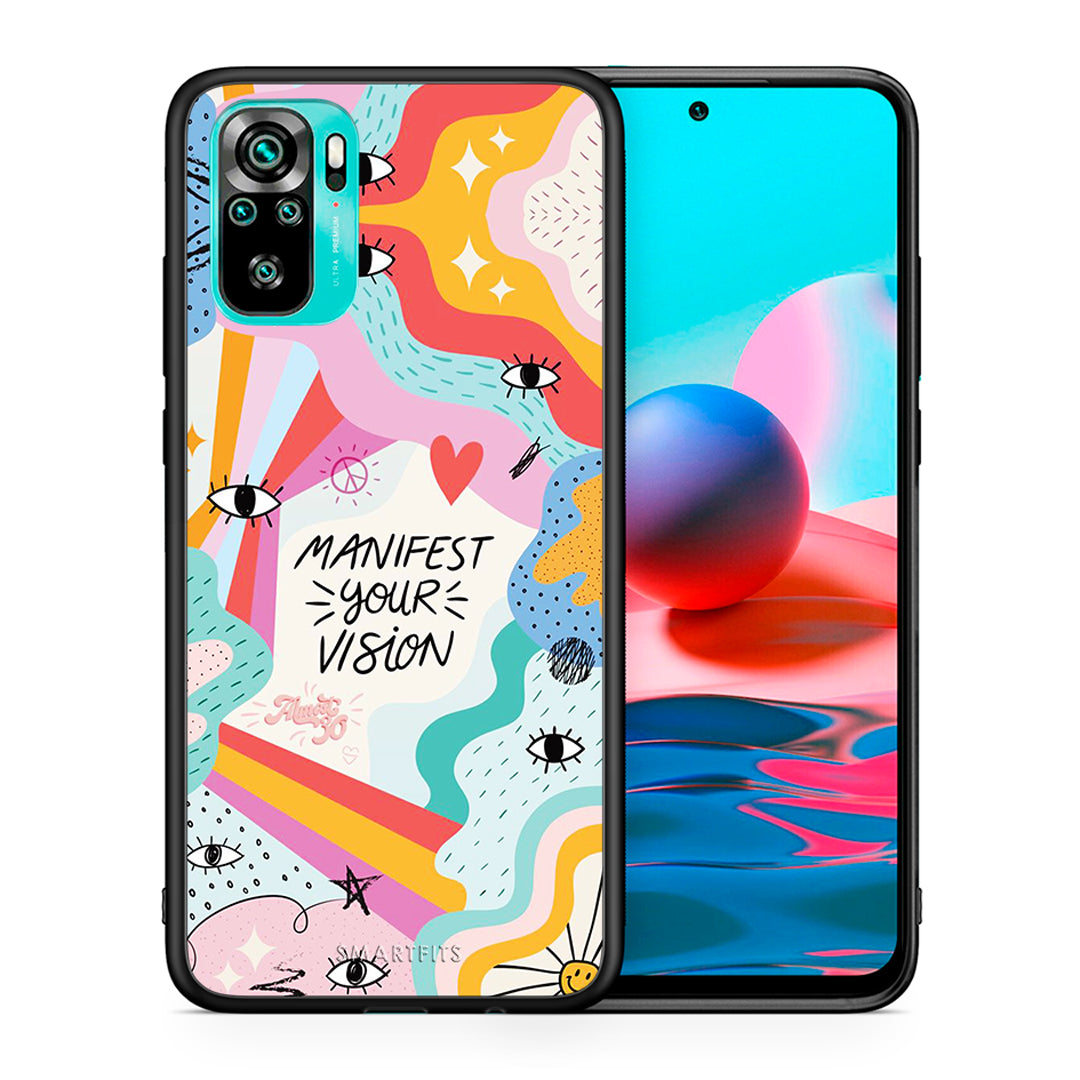 Θήκη Xiaomi Redmi Note 10 Manifest Your Vision από τη Smartfits με σχέδιο στο πίσω μέρος και μαύρο περίβλημα | Xiaomi Redmi Note 10 Manifest Your Vision case with colorful back and black bezels