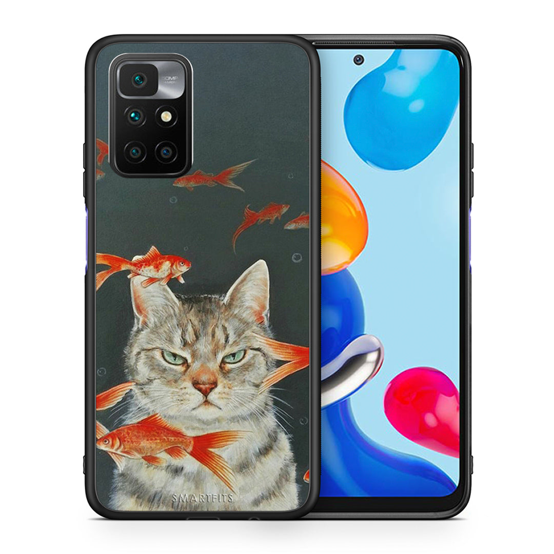 Θήκη Xiaomi Redmi 10/Redmi Note 11 4G Cat Goldfish από τη Smartfits με σχέδιο στο πίσω μέρος και μαύρο περίβλημα | Xiaomi Redmi 10/Redmi Note 11 4G Cat Goldfish case with colorful back and black bezels