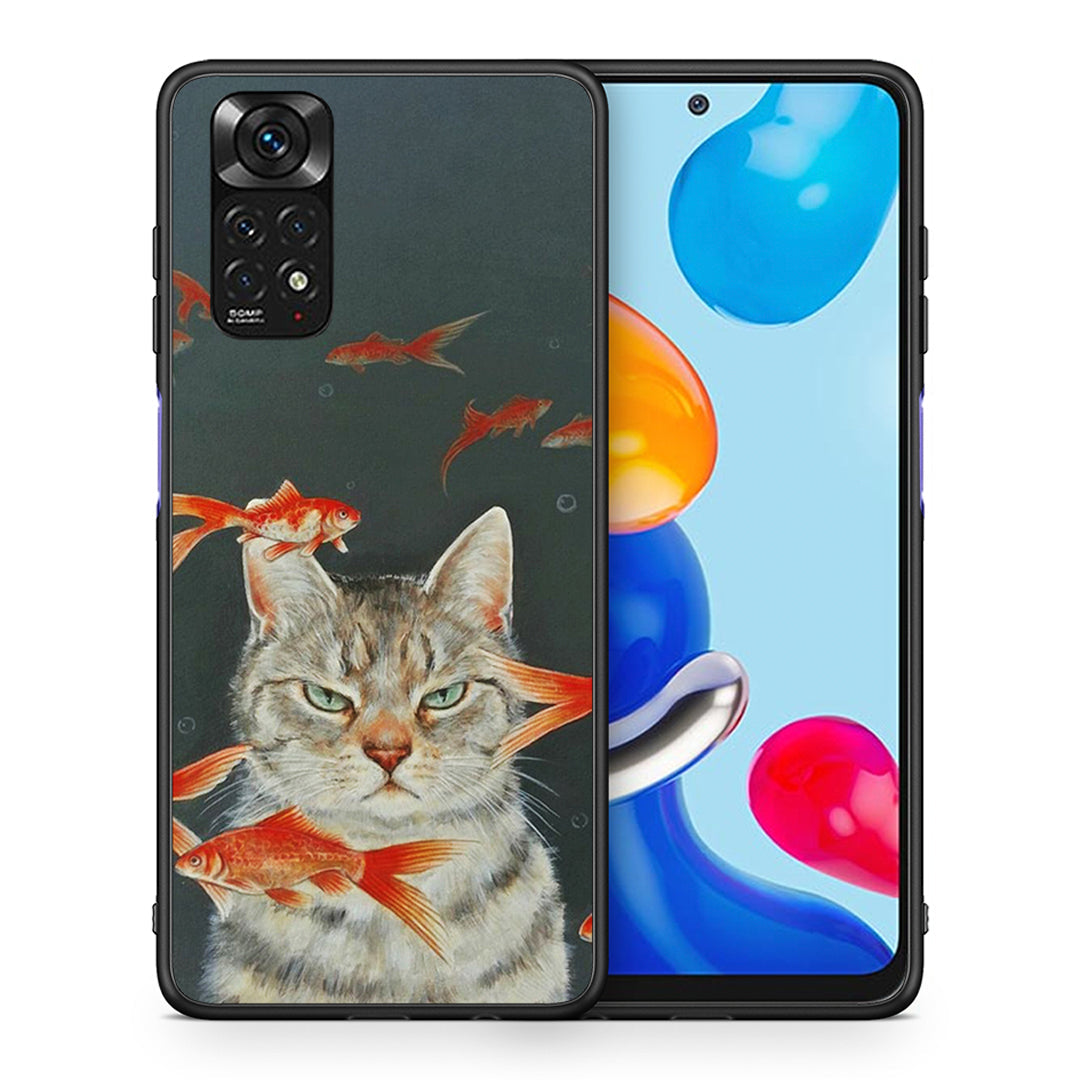 Θήκη Xiaomi Redmi Note 11 Cat Goldfish από τη Smartfits με σχέδιο στο πίσω μέρος και μαύρο περίβλημα | Xiaomi Redmi Note 11 Cat Goldfish case with colorful back and black bezels