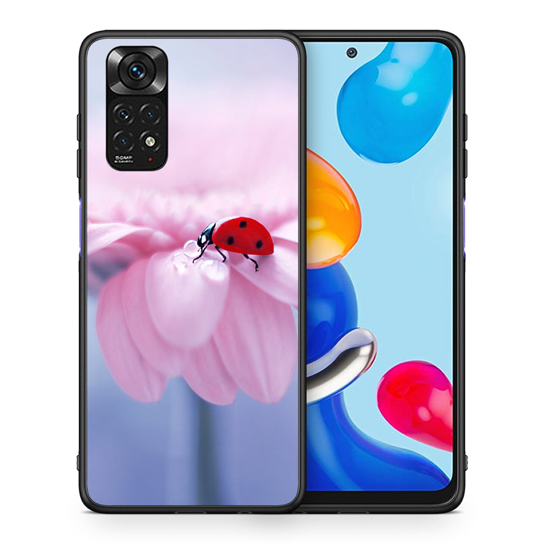 Θήκη Xiaomi Redmi Note 11 Ladybug Flower από τη Smartfits με σχέδιο στο πίσω μέρος και μαύρο περίβλημα | Xiaomi Redmi Note 11 Ladybug Flower case with colorful back and black bezels