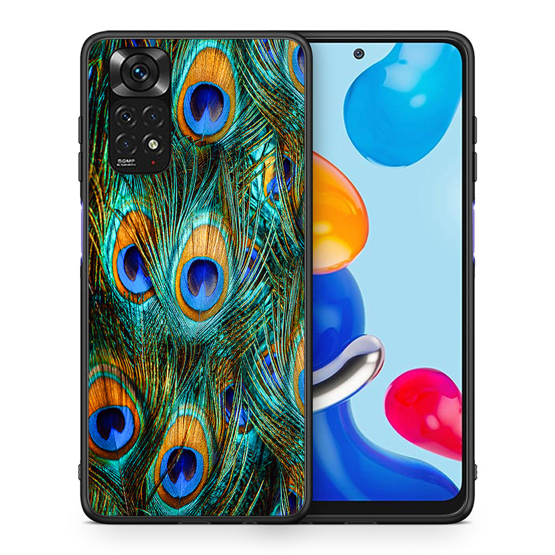 Θήκη Xiaomi Redmi Note 11 Real Peacock Feathers από τη Smartfits με σχέδιο στο πίσω μέρος και μαύρο περίβλημα | Xiaomi Redmi Note 11 Real Peacock Feathers case with colorful back and black bezels