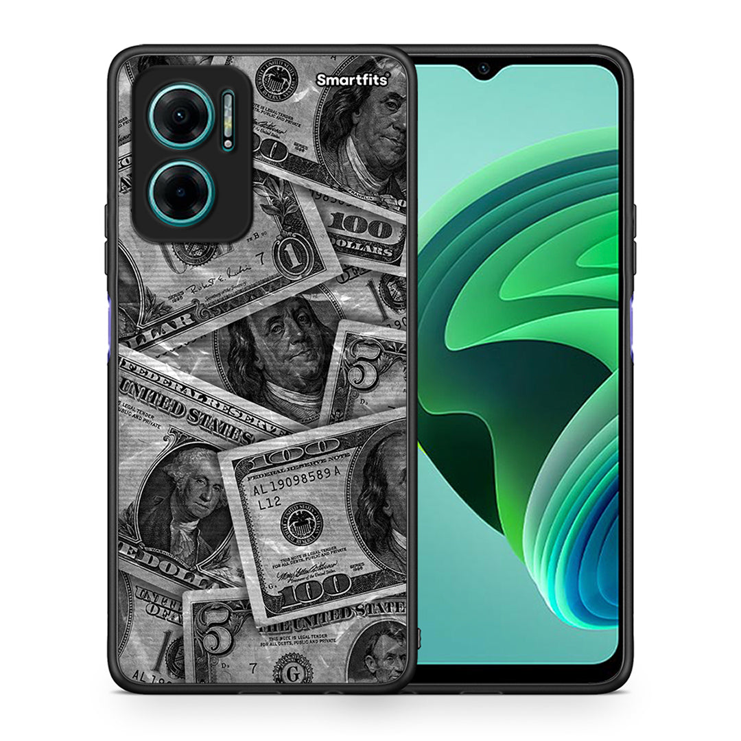 Θήκη Xiaomi Redmi Note 11E Money Dollars από τη Smartfits με σχέδιο στο πίσω μέρος και μαύρο περίβλημα | Xiaomi Redmi Note 11E Money Dollars case with colorful back and black bezels