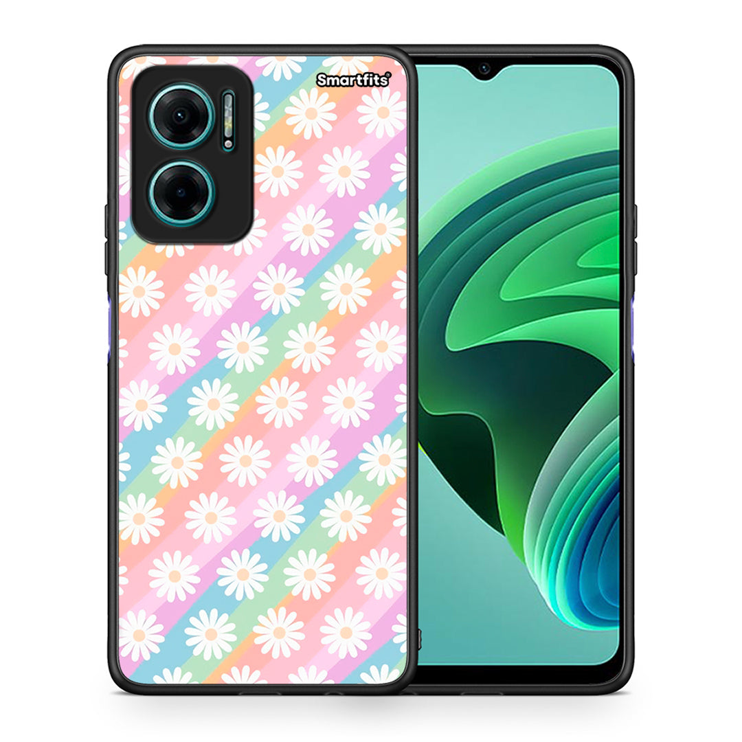 Θήκη Xiaomi Redmi Note 11E White Daisies από τη Smartfits με σχέδιο στο πίσω μέρος και μαύρο περίβλημα | Xiaomi Redmi Note 11E White Daisies case with colorful back and black bezels