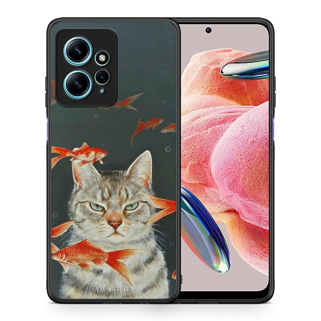 Θήκη Xiaomi Redmi Note 12 4G / Redmi K60 Pro Cat Goldfish από τη Smartfits με σχέδιο στο πίσω μέρος και μαύρο περίβλημα | Xiaomi Redmi Note 12 4G / Redmi K60 Pro Cat Goldfish Case with Colorful Back and Black Bezels