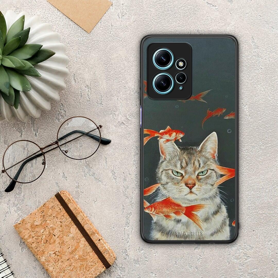 Θήκη Xiaomi Redmi Note 12 4G / Redmi K60 Pro Cat Goldfish από τη Smartfits με σχέδιο στο πίσω μέρος και μαύρο περίβλημα | Xiaomi Redmi Note 12 4G / Redmi K60 Pro Cat Goldfish Case with Colorful Back and Black Bezels