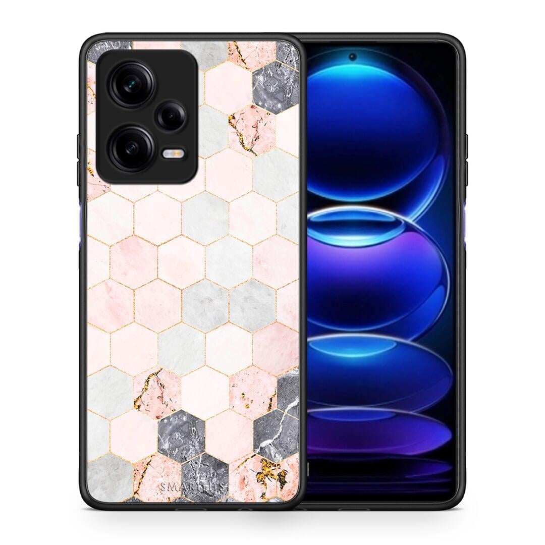 Θήκη Xiaomi Redmi Note 12 Pro 5G Marble Hexagon Pink από τη Smartfits με σχέδιο στο πίσω μέρος και μαύρο περίβλημα | Xiaomi Redmi Note 12 Pro 5G Marble Hexagon Pink Case with Colorful Back and Black Bezels