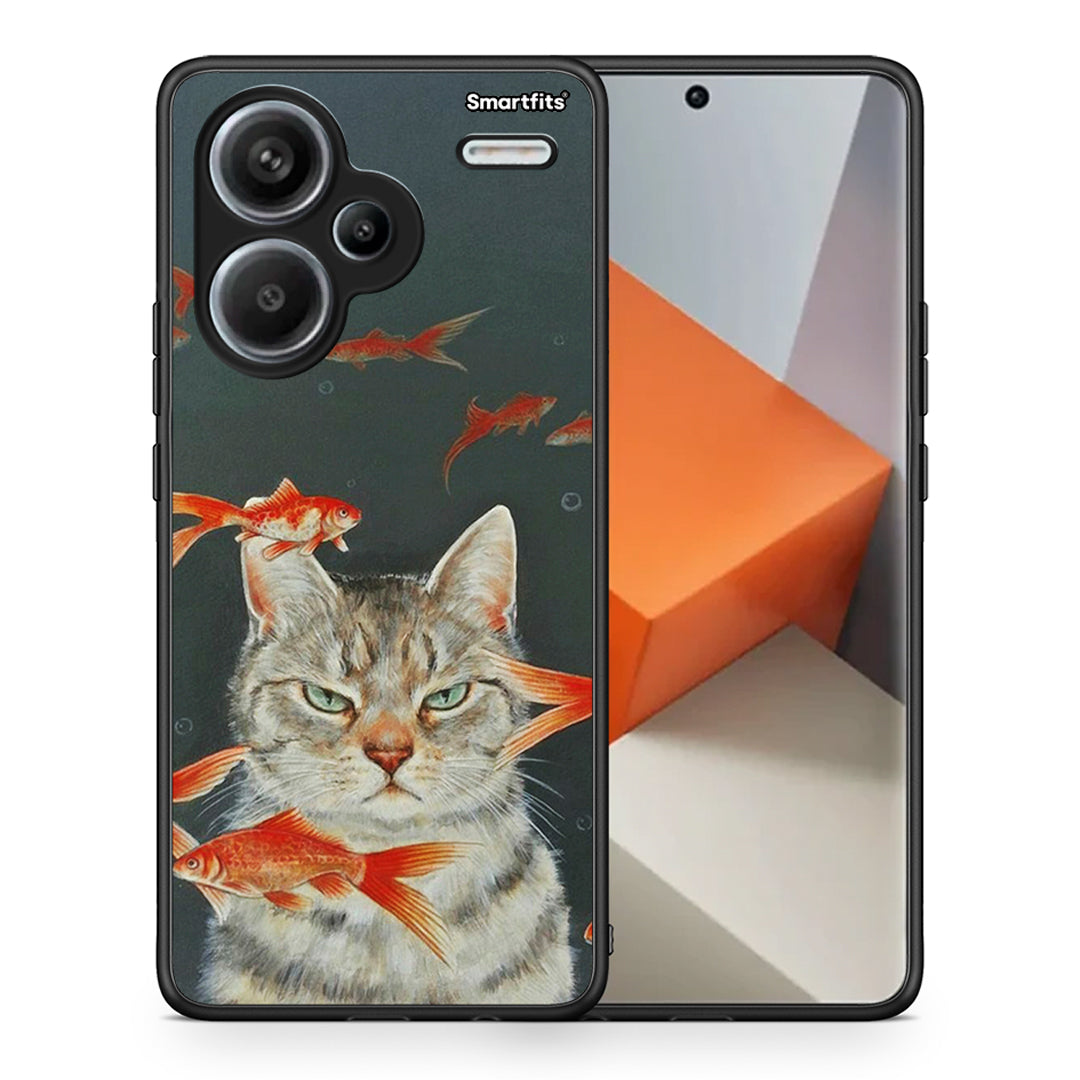 Θήκη Xiaomi Redmi Note 13 Pro Plus 5G Cat Goldfish από τη Smartfits με σχέδιο στο πίσω μέρος και μαύρο περίβλημα | Xiaomi Redmi Note 13 Pro Plus 5G Cat Goldfish case with colorful back and black bezels