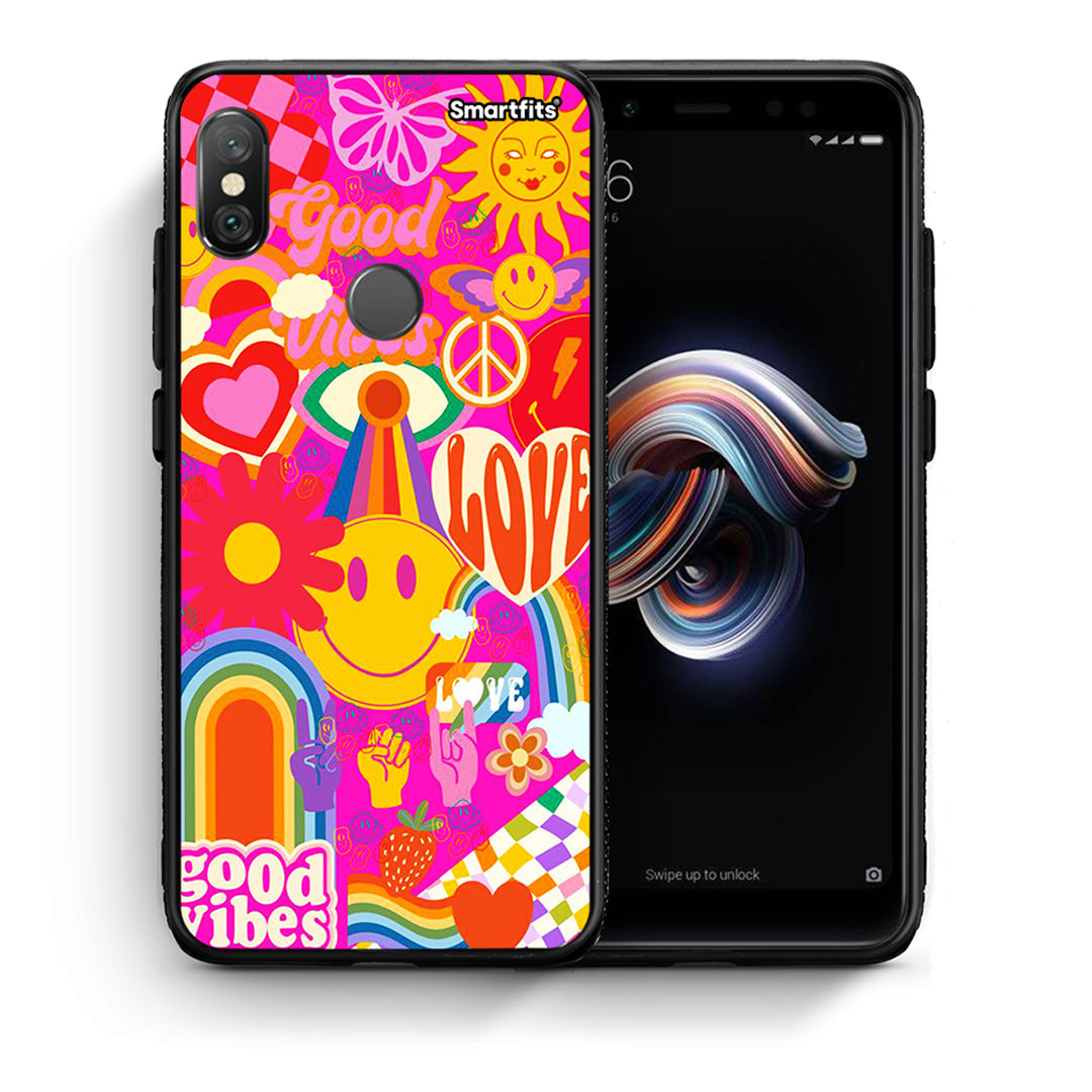 Θήκη Xiaomi Redmi Note 5 Hippie Love από τη Smartfits με σχέδιο στο πίσω μέρος και μαύρο περίβλημα | Xiaomi Redmi Note 5 Hippie Love case with colorful back and black bezels