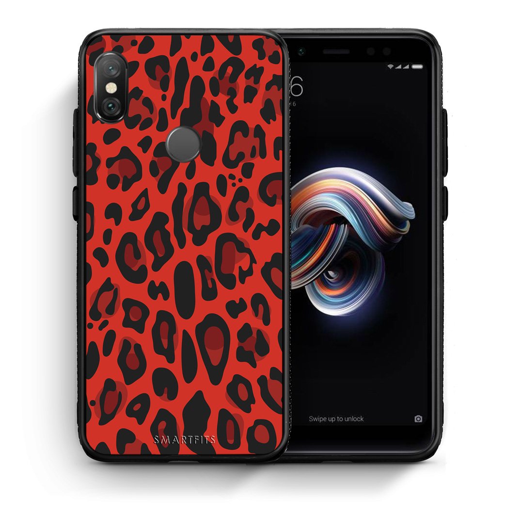 Θήκη Xiaomi Redmi Note 5 Red Leopard Animal από τη Smartfits με σχέδιο στο πίσω μέρος και μαύρο περίβλημα | Xiaomi Redmi Note 5 Red Leopard Animal case with colorful back and black bezels