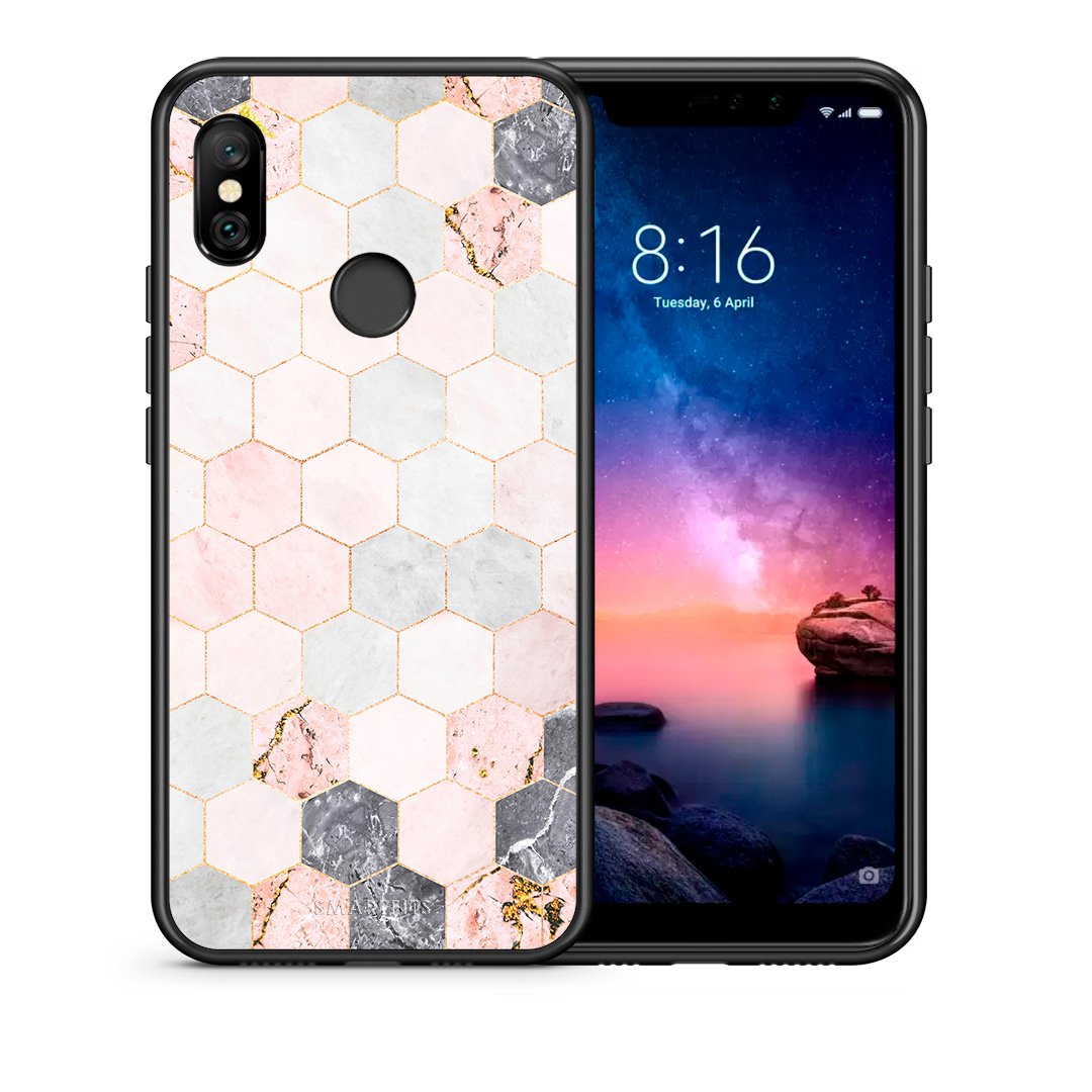 Θήκη Xiaomi Redmi Note 6 Pro Hexagon Pink Marble από τη Smartfits με σχέδιο στο πίσω μέρος και μαύρο περίβλημα | Xiaomi Redmi Note 6 Pro Hexagon Pink Marble case with colorful back and black bezels