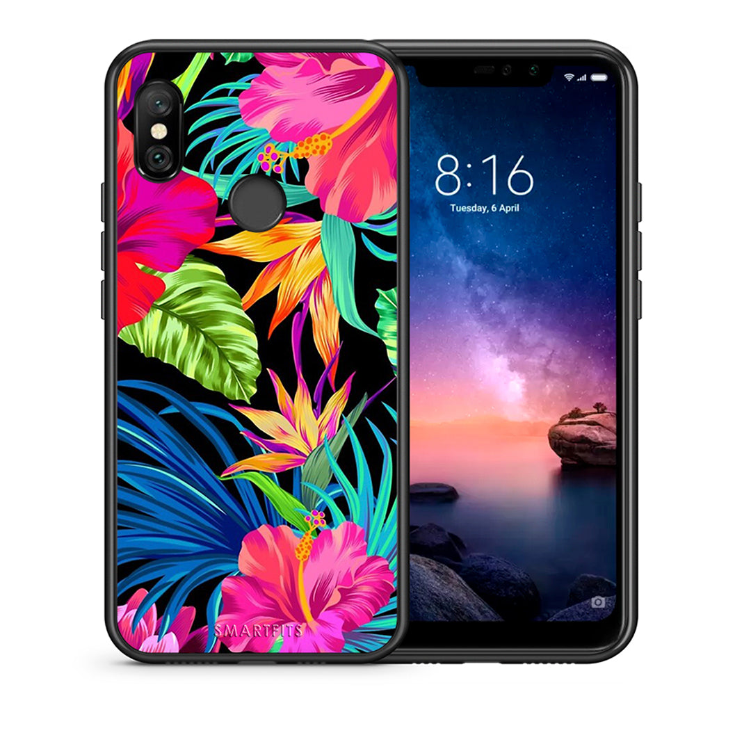 Θήκη Xiaomi Redmi Note 6 Pro Tropical Flowers από τη Smartfits με σχέδιο στο πίσω μέρος και μαύρο περίβλημα | Xiaomi Redmi Note 6 Pro Tropical Flowers case with colorful back and black bezels