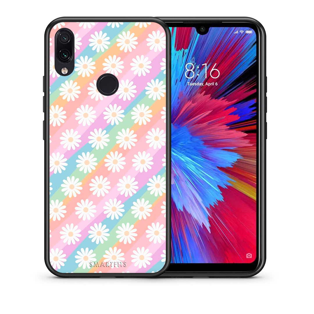 Θήκη Xiaomi Redmi Note 7 White Daisies από τη Smartfits με σχέδιο στο πίσω μέρος και μαύρο περίβλημα | Xiaomi Redmi Note 7 White Daisies case with colorful back and black bezels