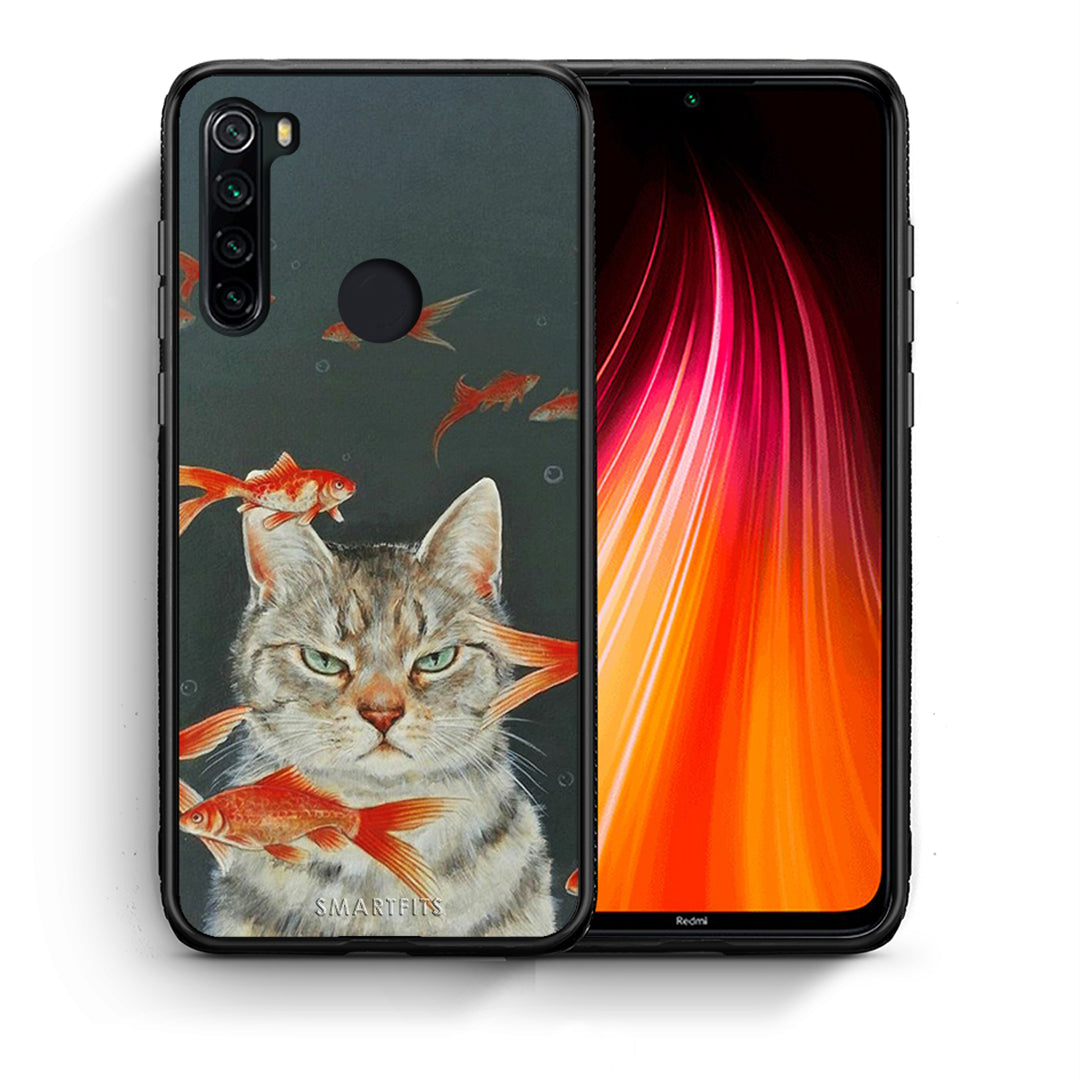 Θήκη Xiaomi Redmi Note 8 Cat Goldfish από τη Smartfits με σχέδιο στο πίσω μέρος και μαύρο περίβλημα | Xiaomi Redmi Note 8 Cat Goldfish case with colorful back and black bezels