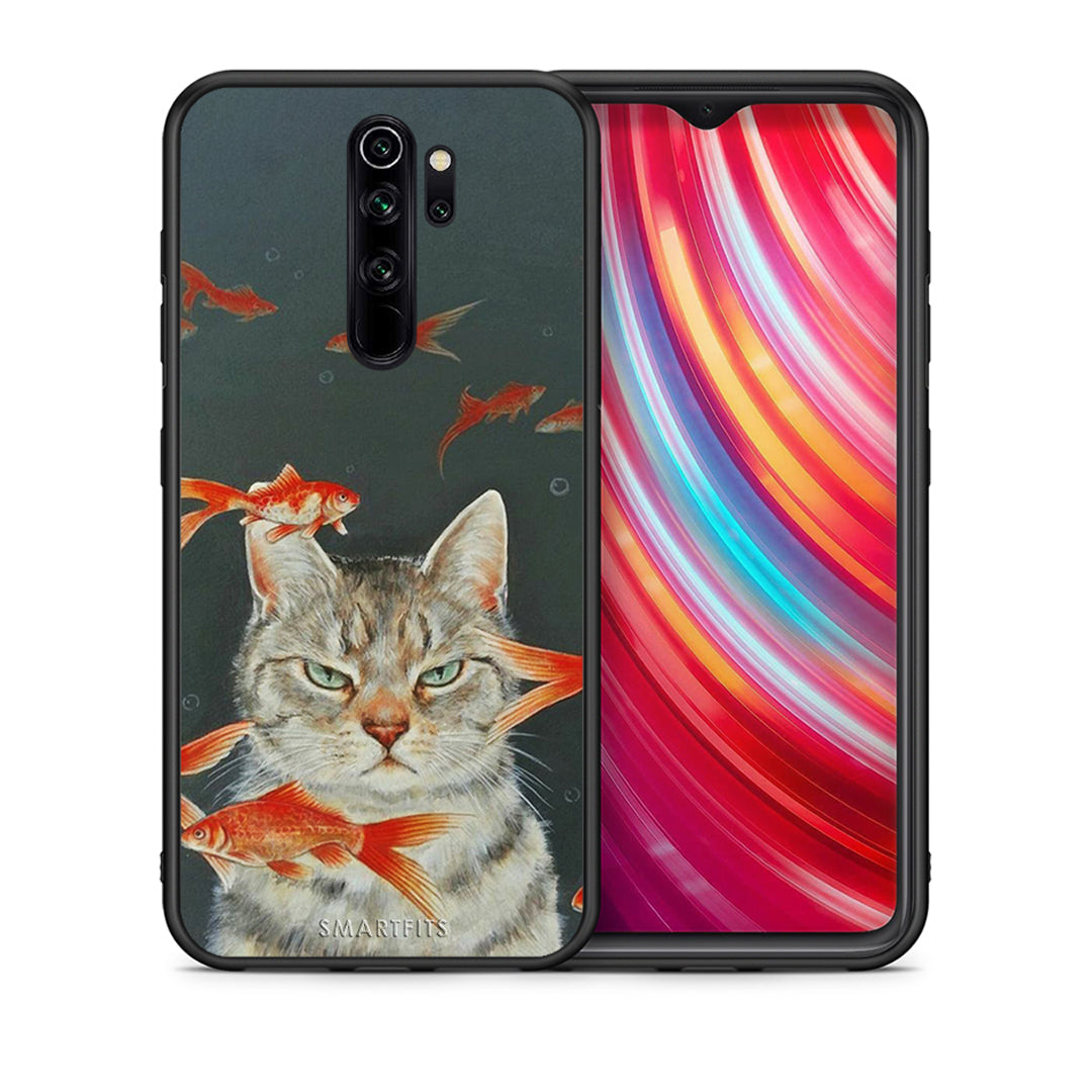 Θήκη Xiaomi Redmi Note 8 Pro Cat Goldfish από τη Smartfits με σχέδιο στο πίσω μέρος και μαύρο περίβλημα | Xiaomi Redmi Note 8 Pro Cat Goldfish case with colorful back and black bezels