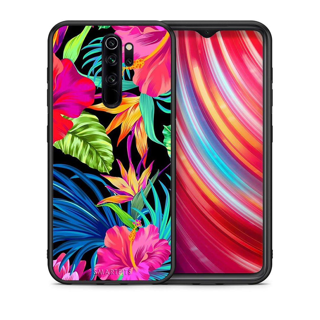 Θήκη Xiaomi Redmi Note 8 Pro Tropical Flowers από τη Smartfits με σχέδιο στο πίσω μέρος και μαύρο περίβλημα | Xiaomi Redmi Note 8 Pro Tropical Flowers case with colorful back and black bezels