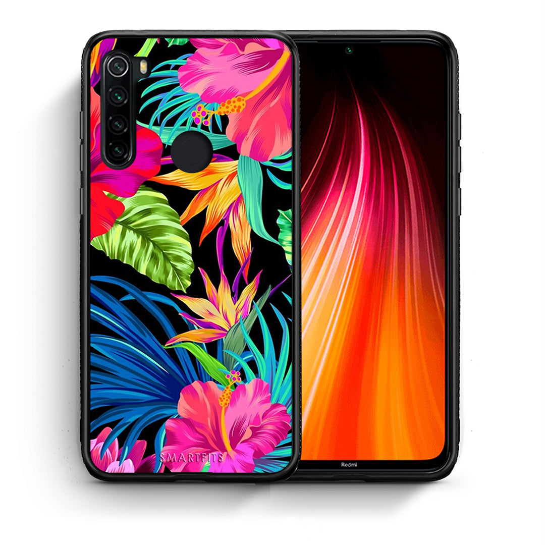 Θήκη Xiaomi Redmi Note 8 Tropical Flowers από τη Smartfits με σχέδιο στο πίσω μέρος και μαύρο περίβλημα | Xiaomi Redmi Note 8 Tropical Flowers case with colorful back and black bezels